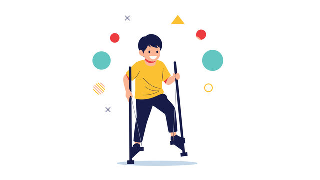Happy young boy playing on wooden stilts surrounded by colorful abstract shapes for a fun and active activity.