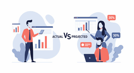Businesspeople analyzing actual versus projected data charts.