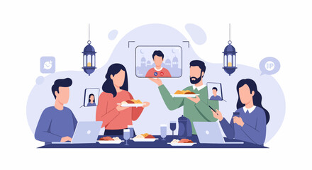 Family and friends celebrate holiday with virtual video call dinner party.