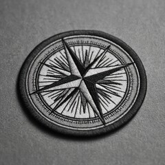 Monochrome close-up of a circular embroidered patch featuring a directional compass rose
