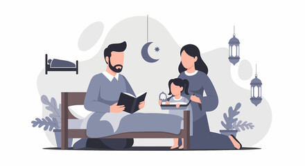 Father reading bedtime story to his daughter with mother present.