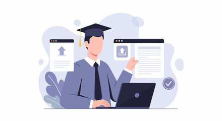 Graduate student with laptop studying online for education degree.