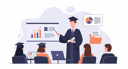 Graduated Professor Explaining Data to Students in Classroom Setting.