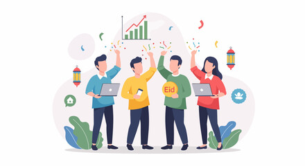 Group of business people celebrating success with laptops and charts.