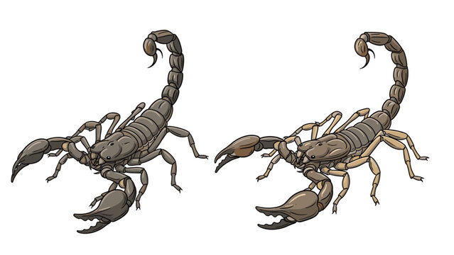 Detailed illustration of two scorpions with dark brown bodies and curved stingers shown from side and top angles.