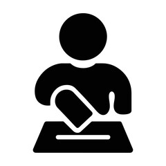 Minimal black vector illustration of a group of people participating in an election, featuring multiple human silhouettes gathered around a ballot box. One person is placing a ballot paper into the