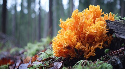 Vibrant yellow coral fungus growing outdoors on a mossy log in a forest