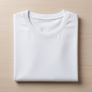 Blank white folded t-shirt on a light wood background, ready for custom design printing
