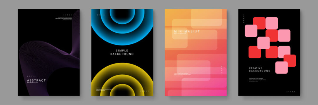 Four unique abstract background designs featuring purple wave lines neon rings soft rectangles and square grid patterns