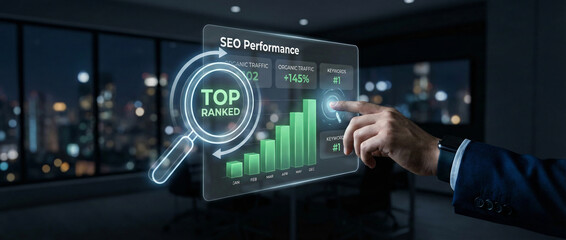 Business man analyzing seo performance metrics on virtual screen showing organic traffic and keyword ranking