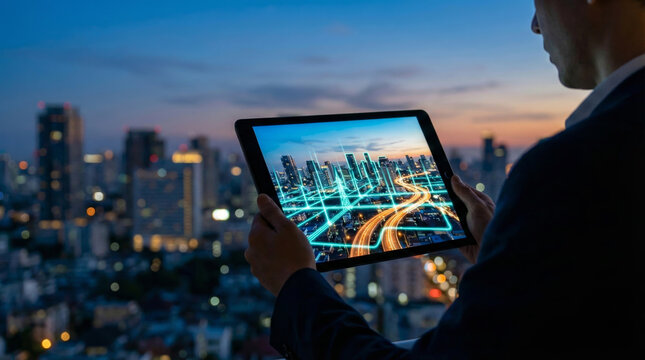 Businessman holding digital tablet displaying smart city network infrastructure over urban skyline at sunset hour