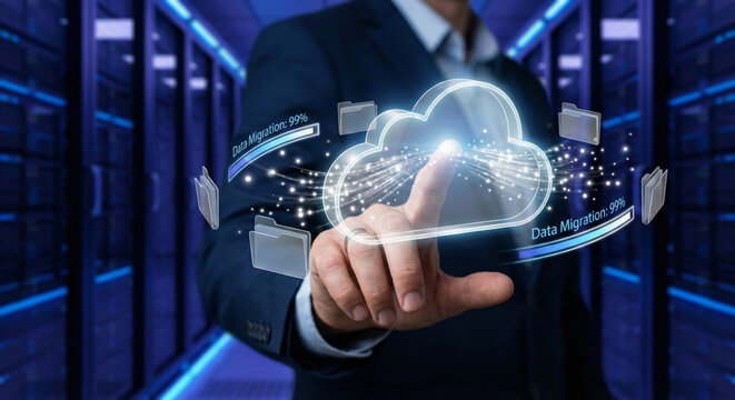 Businessman interacting with cloud computing hologram inside data center showing migration progress on server racks