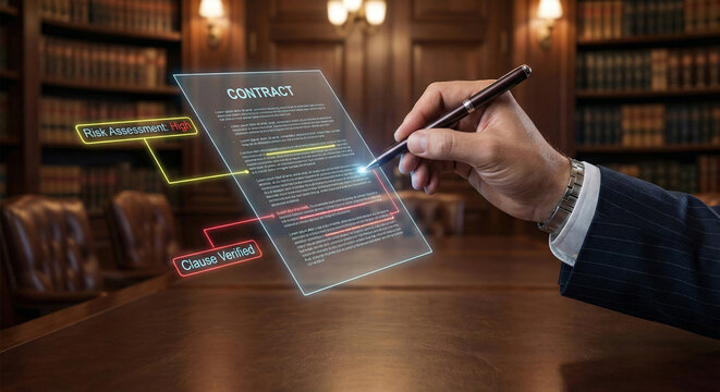 Businessman signing digital contract with stylus pen on transparent screen with risk assessment and clause verified