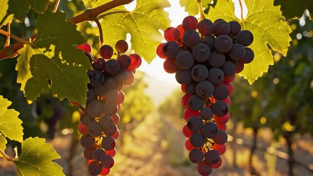 Ripe red grapes hang from lush green vines in a sun-drenched vineyard at sunset
