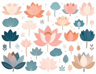 Fototapeta premium Collection of colorful lotus flowers and leaves in various shades.