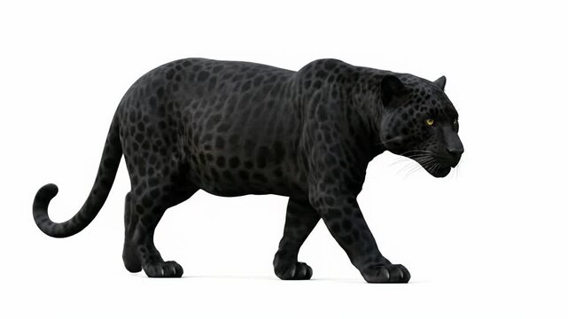 Black Panther Walking on White Background - Elegant Big Cat Predator