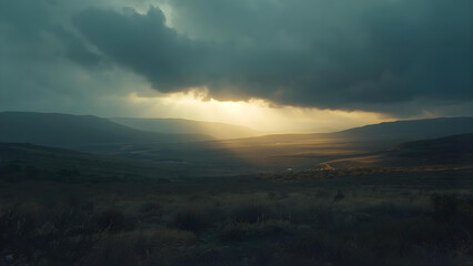 Obraz premium Dramatic landscape scene with mountains and cloudy sky at dusk