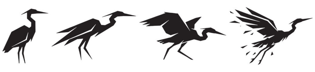 Fototapeta premium Sequence of a heron in silhouette, showing its transformation from standing to taking flight.