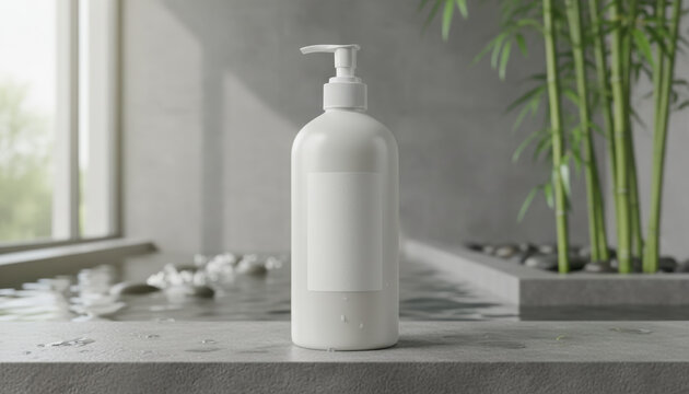 Minimal White Lotion Bottle on Wet Counter in Spa Setting