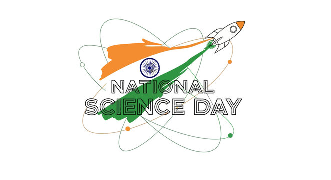 National Science Day 2026 vector illustration celebrating C. V. Raman and innovation in India with a rocket and atom logo