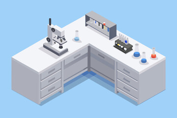 Isometric view of a clean modern laboratory workspace with equipment