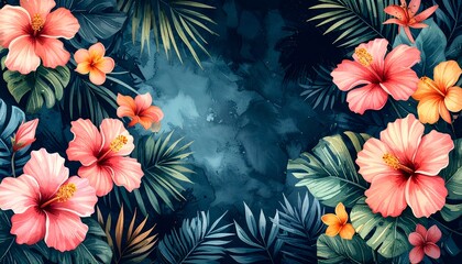 Naklejka premium Vibrant Hibiscus Flowers and Tropical Foliage Backdrop