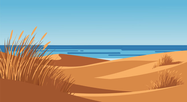 Serene Beach Scene Vector Illustration with Clear Sky, Calm Water, and Rolling Sand Dunes in Bold Vibrant Style