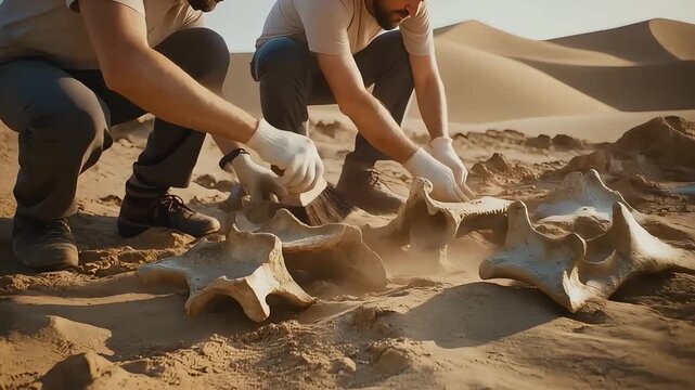 Archaeologists carefully excavating ancient bones in a desert landscape, revealing historical secrets.