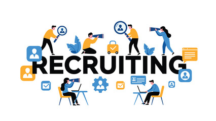 Fototapeta premium Professional recruiters searching for talented job candidates using magnifying glasses and telescopes for hiring process.
