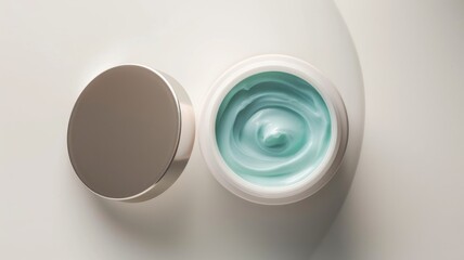 Top view of a pristine white jar filled with swirling blue cream, paired with a sleek silver lid