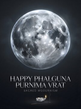 Happy phalguna purnima vrat with full moon and diya lamp on dark background