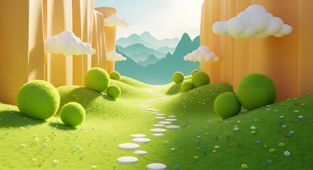 Naklejka premium Vibrant meadow with topiary bushes and stepping stones. Calm environment for wellness. Stone path winding through flower fields and round green plants under a soft sun.