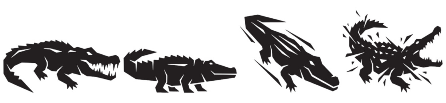 Set of four black silhouette illustrations of alligators in various dynamic poses, showcasing their predatory nature and aquatic movement.