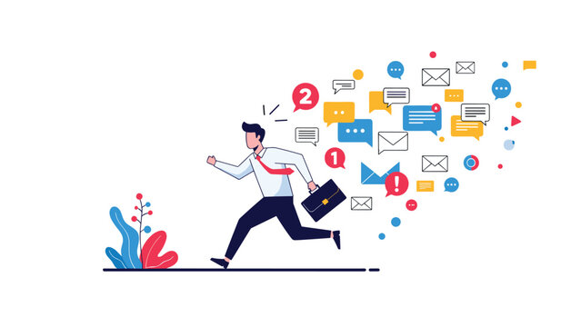Stressed businessman running away from a massive swarm of social media notifications and email messages representing digital information overload.