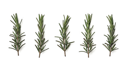 Obraz premium Five sprigs of fresh green rosemary on white background
