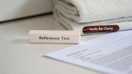 Obraz premium Reference Tint Color Sample with Verification Bar Clarity on White Surface and Soft Textiles for Professional Use