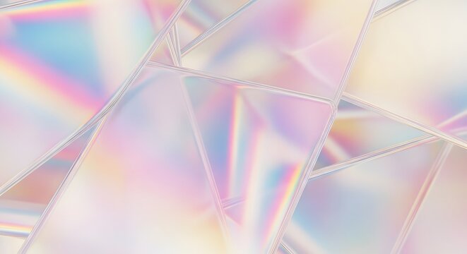 Abstract iridescent crystal layers with sharp outlines. Futuristic glass texture concept. Multi colored geometric shapes reflecting light in a prismatic pattern