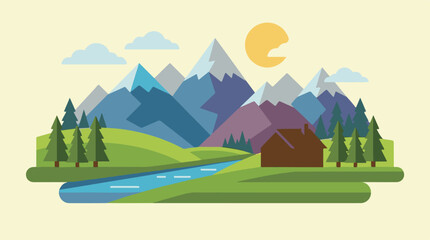 Obraz premium Stylized mountain landscape with river, forest cabin, sun, and clouds