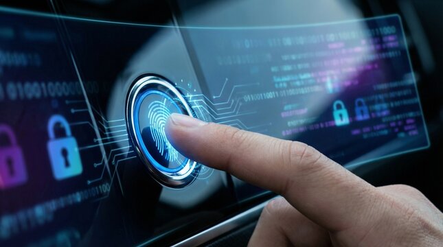 Close-up of human finger using a glowing biometric fingerprint scanner for cybersecurity access on a glass interface