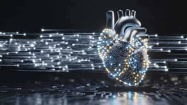 A futuristic digital representation of a human heart surrounded by circuit board patterns and glowing blue dots on a dark background