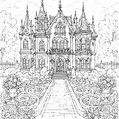 Naklejka premium Intricate black and white line art drawing depicts a magnificent Victorian gothic mansion with elaborate architectural details and formal gardens.