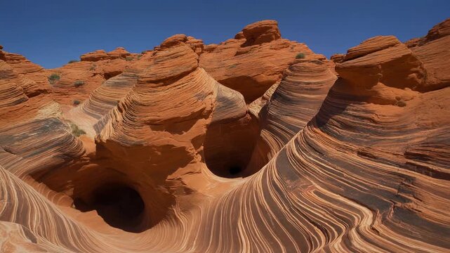 A stunning landscape reveals a natural sandstone formation. The intricate curves and layers, ranging from dark to light orange. Under a clear, blue sky