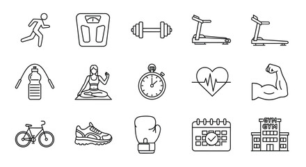 Fototapeta premium Fitness icons depicting exercise and health line art silhouette