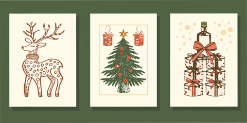 Three festive illustrations a reindeer a christmas tree and gifts © Dipu