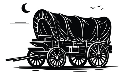 Fototapeta premium Woodcut style illustration of a covered wagon depicting a night journey for historical western themes
