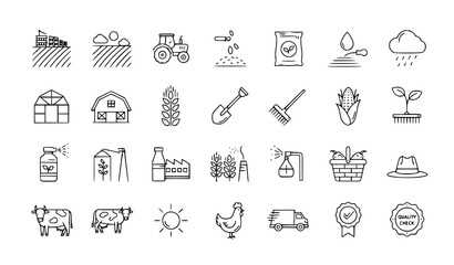 Agriculture linear icon set with field sowing fertilizer irrigation agro industry nutrition farming symbols isolated on transparent background © MdAshik