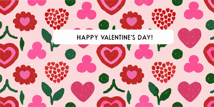 A playful pattern of pink and red hearts and strawberries with valentine s message