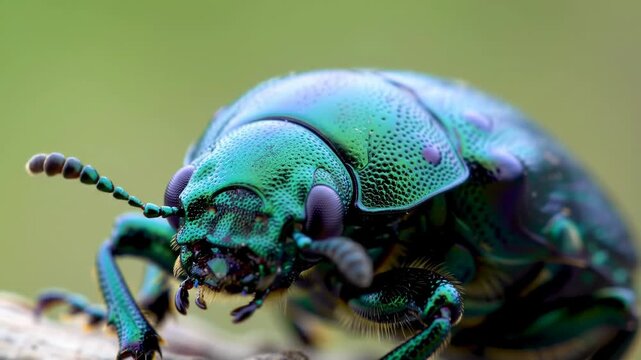 A stunning macro shot of an iridescent beetle showcases intricate details of its shell and body. The vibrant green and blue hues captivate