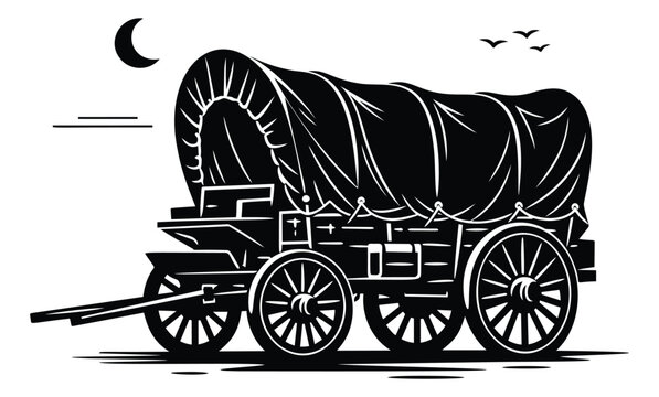 Woodcut style illustration of a covered wagon depicting a night journey for historical western themes