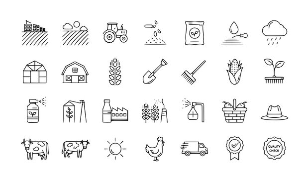 Agriculture linear icon set with field sowing fertilizer irrigation agro industry nutrition farming symbols isolated on transparent background